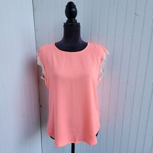 SOULMATES Womens White LACE PINK PEACH BLOUSE Round Neck Sz S